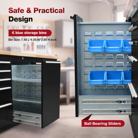Badass Rolling Tool Chest With Eleven Deep Drawers Plus Three Extra Upper Cabinets Seventy Two Inch Black Steel Workshop Storage Cart with blue storage bins.