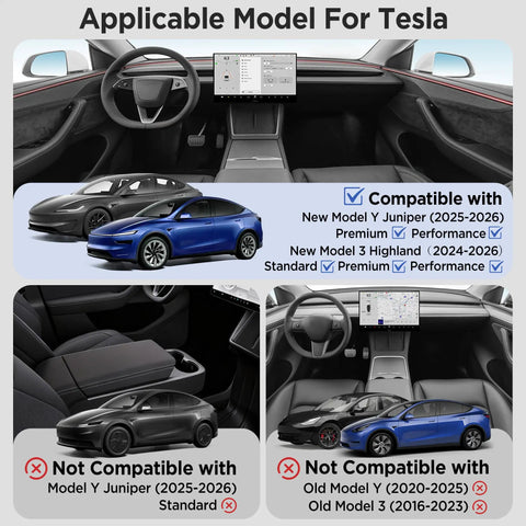 Model compatibility chart showcasing Center Console Organizer Tray For Tesla Model Y Juniper 2025 2026 And Model 3 Highland 2024 2025 2026.