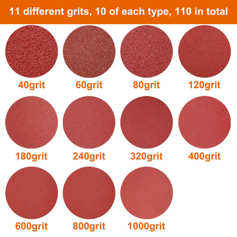 5 Inch Hook And Loop Sanding Discs For Random Orbital Sander Set 110 Pieces Assorted Grits 40 60 80 120 180 240 320 400 600 800 1000 Aluminium Oxide Abrasive Paper With Thick Backing