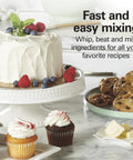 Hamilton Beach 6 Speed Electric Hand Mixer With Quick Burst And Bowl Rest Snap On Storage Case Holds Beaters and Whisk For Easy Mess Free Baking, shown with cakes and cookies.