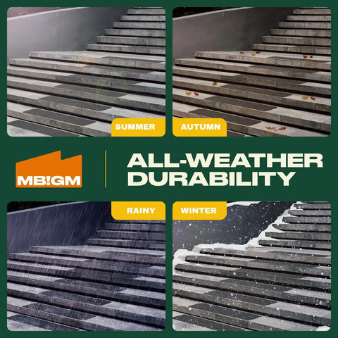 Four images showing '12 Pack 6 By 30 Inch Pre Cut Stair Treads With Heavy Duty Adhesive Non Slip Rubber Traction Strips For Outdoor Stairs' in different seasons.