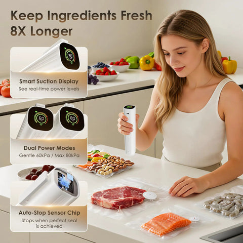 Woman using Boss Level Handheld Vacuum Sealer For Food With Sixty To Eighty Kilopascals Of Industrial Grade Suction And LED Pressure
