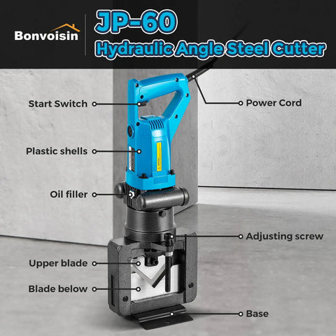 Bonvoisin 1500W Hydraulic Angle Iron Steel Cutter with blue handle, upper and lower blades, and power cord for angle steel bends.