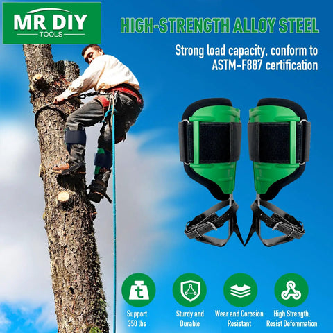 Built Tough Tree Climbing Spikes Set With Adjustable Straps And Spike Protectors in use on a tree with climber