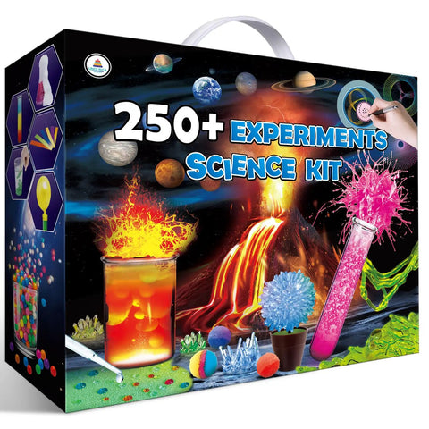 250 Plus Science Experiments Kit For Kids, Chemistry Set And STEM Projects box with colorful experiment graphics