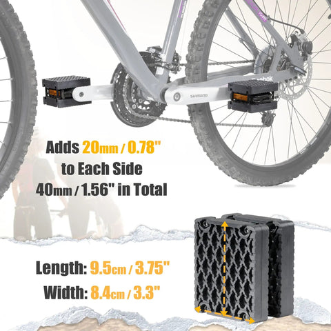 Kid Bike Pedal Blocks 1.5 Inch Reach For Small Riders, 1 Pair Large 3.75 X 3.3 Inches, shown installed on a bicycle pedal