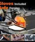 Blacksmith using Dual Burner Propane Forge Kit 2600F for blacksmithing, metal heated in forge, gloves for safe forging