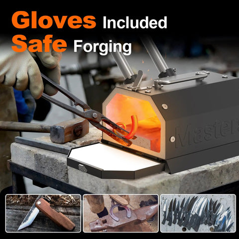 Blacksmith using Dual Burner Propane Forge Kit 2600F for blacksmithing, metal heated in forge, gloves for safe forging
