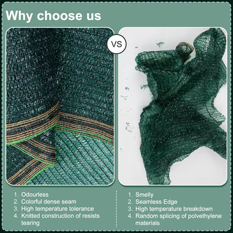 Comparison of green HDPE mesh with colorful seam and random polyethylene splicing for Sun Shade Cloth 6x8 Ft Green HDPE Mesh