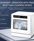 Compact Countertop Dishwasher Packing Eight Place Settings Five Heavy Duty Wash Cycles showing control panel and dishes inside.