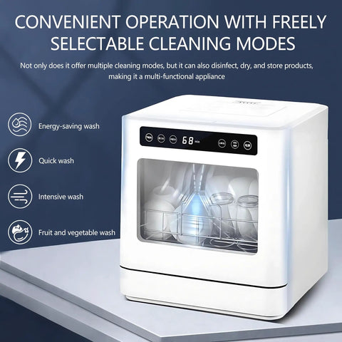 Compact Countertop Dishwasher Packing Eight Place Settings Five Heavy Duty Wash Cycles showing control panel and dishes inside.