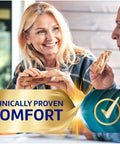 Four Two Point Two Ounce Tubes All In One Zinc Free Denture Adhesive Cream Four Pack Delivers Twelve Hour Hold For Strong Bite Power And No Food Under Dentures After Eating, couple eating sandwiches with comfort label