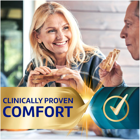 Four Two Point Two Ounce Tubes All In One Zinc Free Denture Adhesive Cream Four Pack Delivers Twelve Hour Hold For Strong Bite Power And No Food Under Dentures After Eating, couple eating sandwiches with comfort label