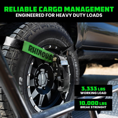 Heavy Duty 2 Inch By 8 Foot Car Tie Down Straps With J Hooks 4 Pack 10,000 Lb Break Strength securing a tire on a trailer