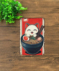 Vintage Cat In Ramen Bowl Metal Tin Sign 8x12 Inch Wall Art For Home Office Garage Decor, Quirky Kitchen Poster with cat illustration