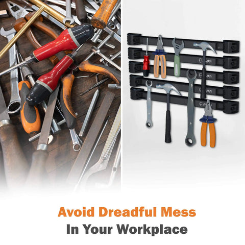 Two images: cluttered tools vs organized tools on Magnetic Tool Strips Organizer 5 Pack With Sixty Inches Total Length PVC Sticker Coated Magnetic Rails For Tools Pro Grade Tool Holder System That Sticks Stacks And Keeps Your Gear Ready.