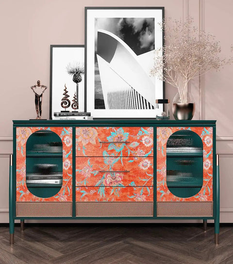 Buffet decorated with Vintage Floral Peel And Stick Wallpaper Dope Vibe In Bold Orange Red Watercolor Self Adhesive 21x200 Inches