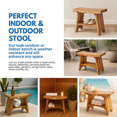 24 Inch Teak Shower Bench With Storage Shelf Waterproof Bathroom Seat For Adults And Seniors Spa Style Teak Wood Stool With Non Slip Feet Elegant Finish Supports Up To 300 Pounds displayed in various settings indoors and outdoors
