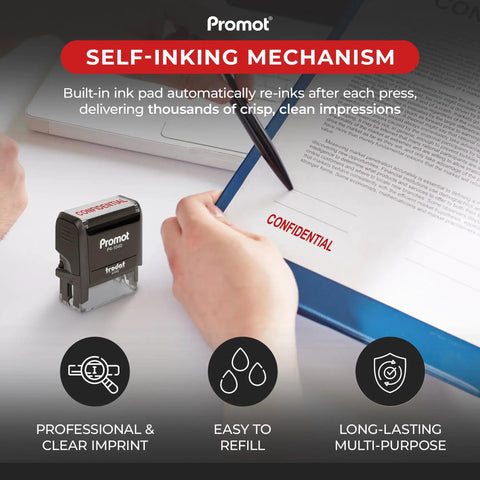 Top Shelf Self Inking Rubber Stamp For Accounting And Notary Files Durable Confidential Office Essential With Instant Red Ink in use on paperwork.