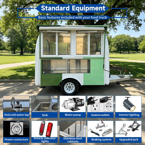 10 Foot Green Food Cart Trailer With Pullout Awning, Turnkey Grub Getter For Urban Hustlers, Dot Certified Mobile Kitchen Setup showing standard equipment features.