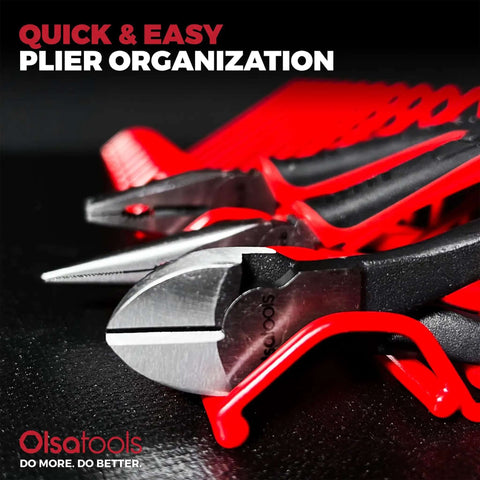 Red pliers rack organizer holding pliers, anti-slip coating, for toolbox drawer storage, fits 16 pliers, pro grade build