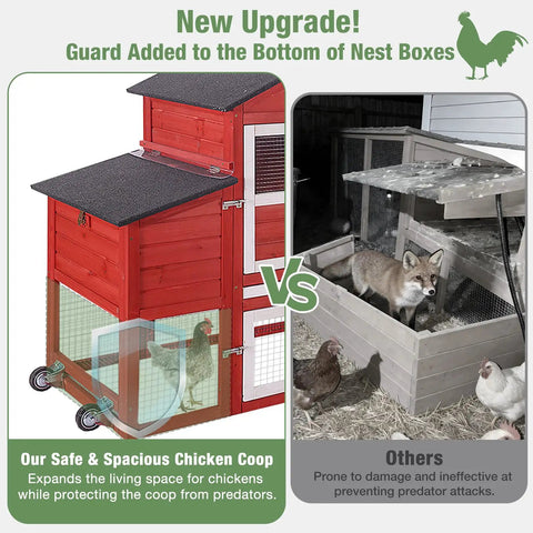 Comparison of mobile chicken coop on wheels for four to six hens with run, featuring weatherproof roof and predator guard vs traditional coop.