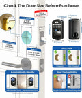 Keyless Fingerprint Door Lock With Keypad Deadbolt In Matte Black size and installation guide on a door with measurement indicators.