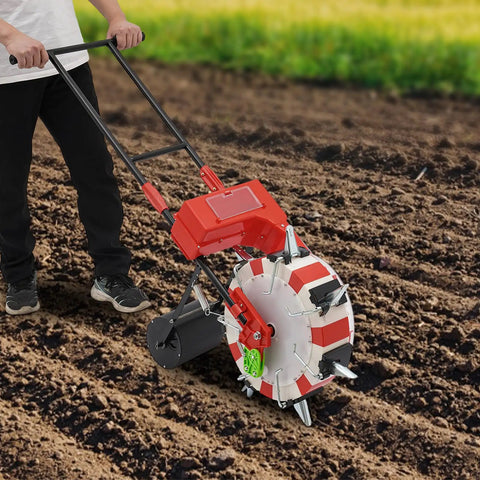 Person using Hand Push Garden Seeder With 7 Nozzles Adjustable Depth 1.38 To 3.07 Inches 9.06 Inch Row Spacing Precise Seed Planter on soil