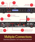 Front and rear panel connections of 5 Channel Rack Mount Bluetooth Amplifier Receiver For Home Theater And Speakers