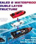 Diagram showing the 2.4GHz RC Boat With 22 Plus MPH Speed's waterproof double-layer structure and battery placement, red finish.