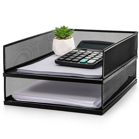 Two Pack Wire Mesh Letter Trays For Desk, Stackable Paper Organizer with calculator and plant, 12.8 by 10 by 2.9 inches