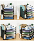 Five Tier Desk Organizer With Letter Trays And File Holder Space Saving Desktop Organizer For Office Supplies Multi Compartment Paper Tray System To Boost Efficiency And Keep Your Workspace Boss Level Tidy Black, showing compartments with documents organized.