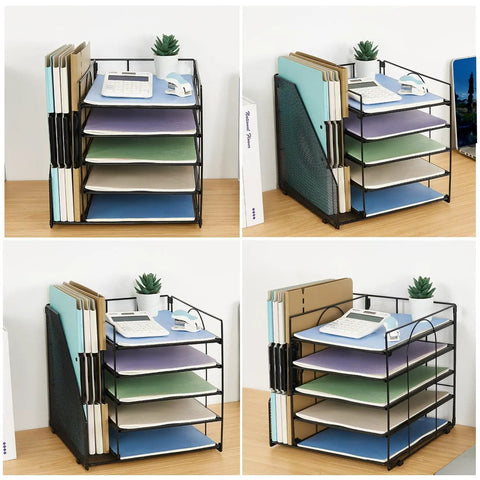 Five Tier Desk Organizer With Letter Trays And File Holder Space Saving Desktop Organizer For Office Supplies Multi Compartment Paper Tray System To Boost Efficiency And Keep Your Workspace Boss Level Tidy Black, showing compartments with documents organized.
