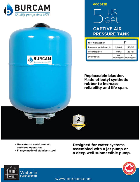 5.3 Gal Inline Pressure Tank For Jet Pump Systems with replaceable bladder, no water to metal contact, steel build, corrosion free