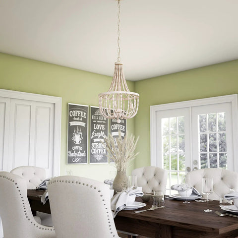 Dumas 3 Light Coastal Boho Chandelier With Weathered White Beads And Exposed Bulbs For A Cozy Vibe in dining room setting