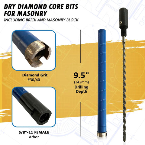 2 1/2 Inch Dry Diamond Core Bit for Brick and Block With 5/8-11 Pilot Bit Adapter, 9.5 Inch Drilling Depth, 5/8-11 Arbor, Wet Or Dry Use For Handheld Core Drills And Dedicated Core Drill Rigs
