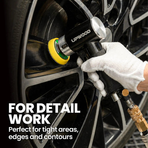 Detail work with Mini Orbital Air Sander Kit For Two Inch And Three Inch Sanding, Pneumatic Power Tool on car wheel