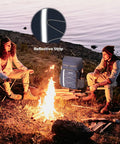 Two campers by a fire with 35 Can Leakproof Insulated Cooler Backpack, showing reflective strip and blue color.