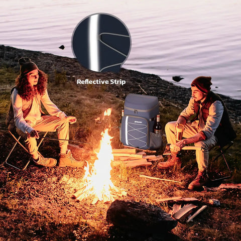 Two campers by a fire with 35 Can Leakproof Insulated Cooler Backpack, showing reflective strip and blue color.