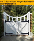 White gate installed with Heavy Duty 12 Inch T Strap Hinges 4 Pack With Screws Rustproof Metal For Shed Barn Gate Fence