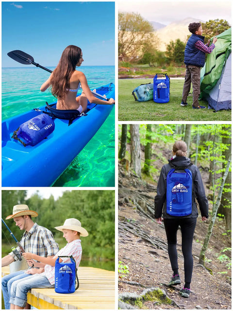Collage showing navy Waterproof Roll Top Dry Bag For Travel And Water Sports 30L With Phone Case Included used in kayaking, hiking, and camping.