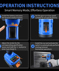 Operation instructions for Fichfoye Cordless Rivet Nut Gun, highlighting settings for smart memory mode and use.