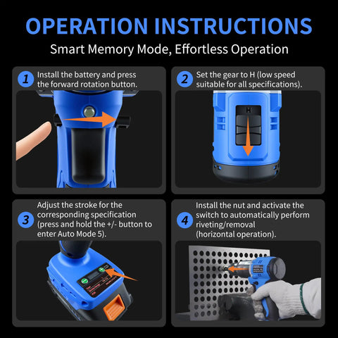 Operation instructions for Fichfoye Cordless Rivet Nut Gun, highlighting settings for smart memory mode and use.