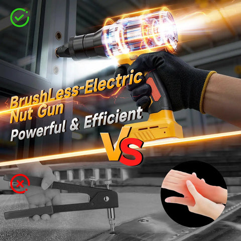 Cordless Rivet Nut Gun Kit With Auto Mode and Memory compared to manual tool, showing powerful brushless motor in action.