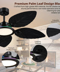 RGB Tropical Outdoor Palm Leaf Ceiling Fans with Light,52”Black Flush Mount showing premium palm leaf design blades and LED light.