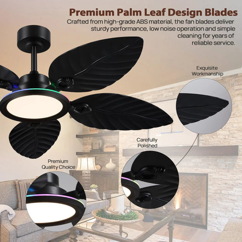 RGB Tropical Outdoor Palm Leaf Ceiling Fans with Light,52”Black Flush Mount showing premium palm leaf design blades and LED light.