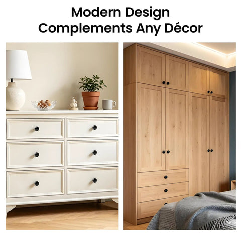 Matte Black Cabinet Knobs 10 Pack Single Hole Round Drawer Knobs on white dresser and wood closet cabinets.