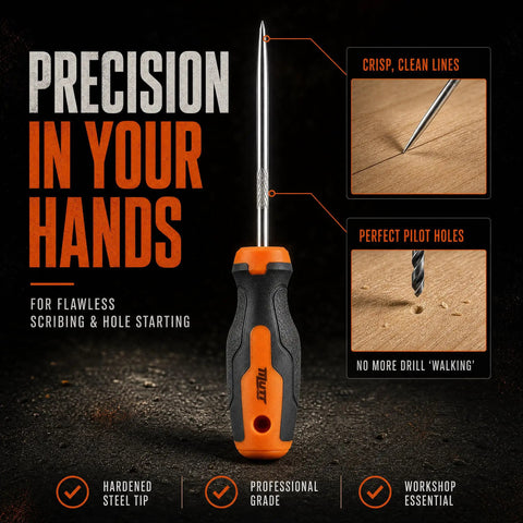 Premium Four Inch Scratch Awl Built Tough As Nails For Leather Work And Woodshop Crafts Features slick hardened steel point.