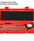 Dial bore gauge set in a red case with self-centering dial indicator and multiple probe rods