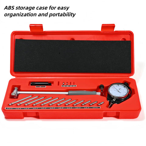 Dial bore gauge set in a red case with self-centering dial indicator and multiple probe rods